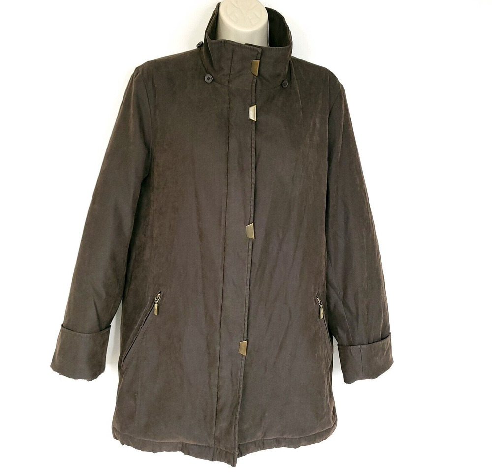 Liz Claiborne Womens Small Brown Jacket Smooth Finish Zip Snap Button Lined